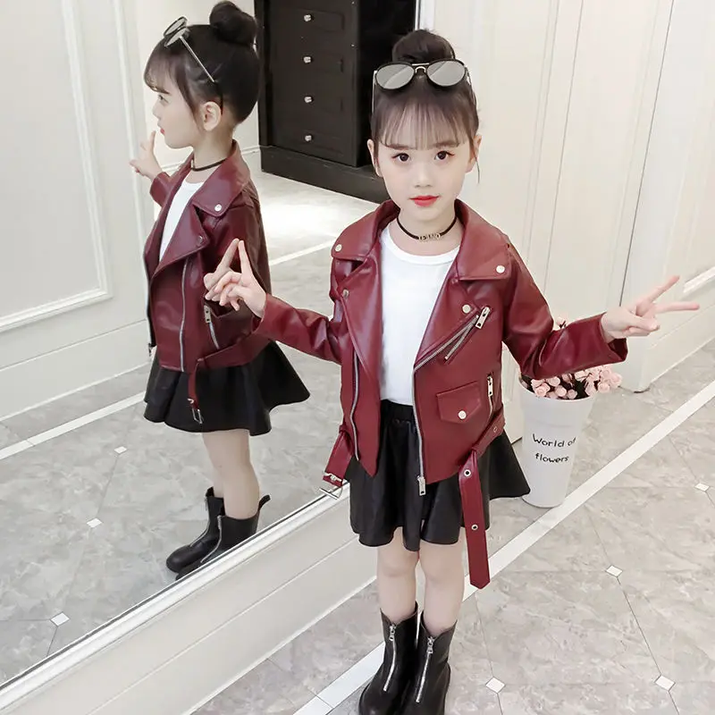 Top Fashion Girls Boy PU Jackets Coat Kids Baby Belt Leather Jacket Spring Autumn Coat Children Clothes Overcoats 4-14T