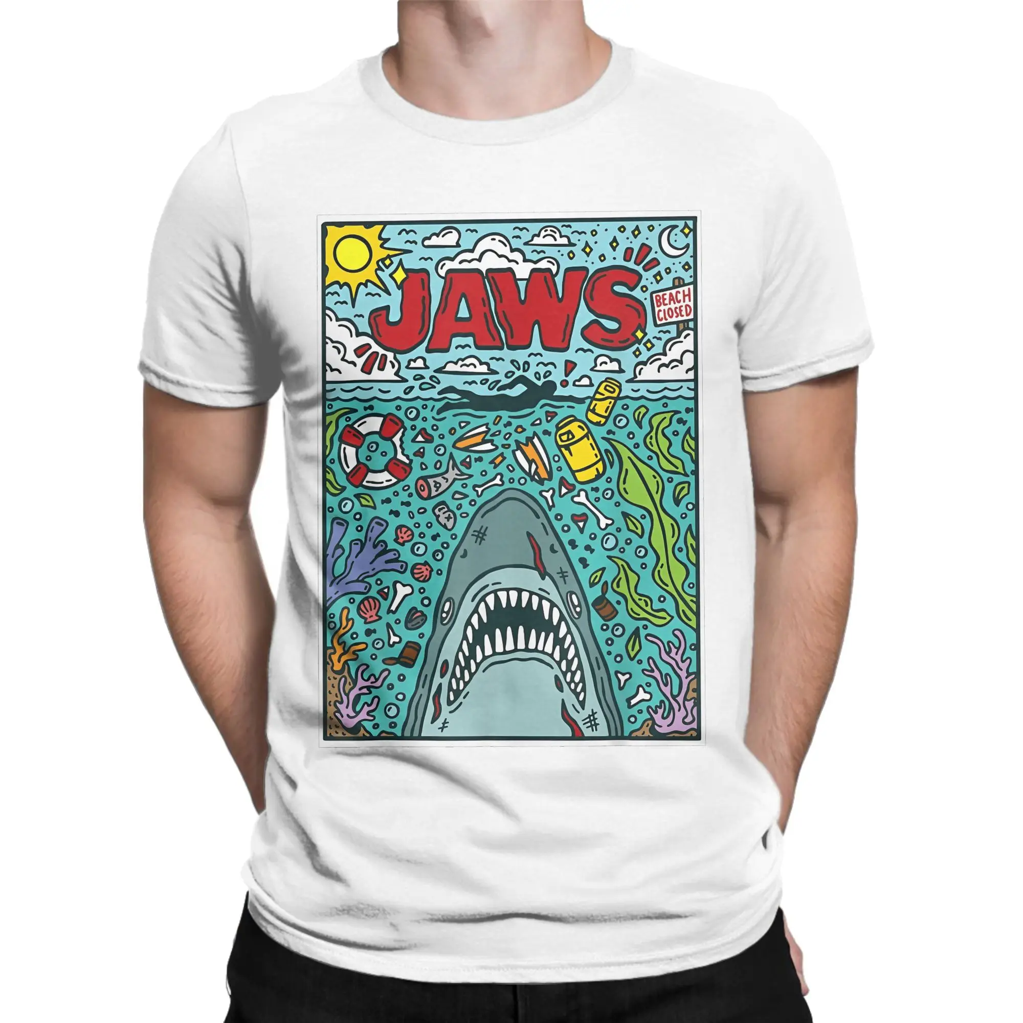 Jaws 50th Anniversary Poster Comic Cotton T Shirt For Men Summer Movie Graphic Aesthetic T Shirts O Neck Tees Big Size Tops