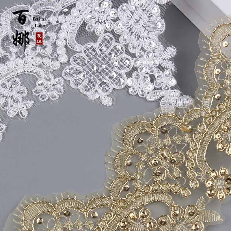 1Yard/15cm Gold/Ivory Cording Fabric Sequins Flower Venise Venice Mesh Lace Trim Applique Sewing Craft for Wedding Dec. 1Yard/