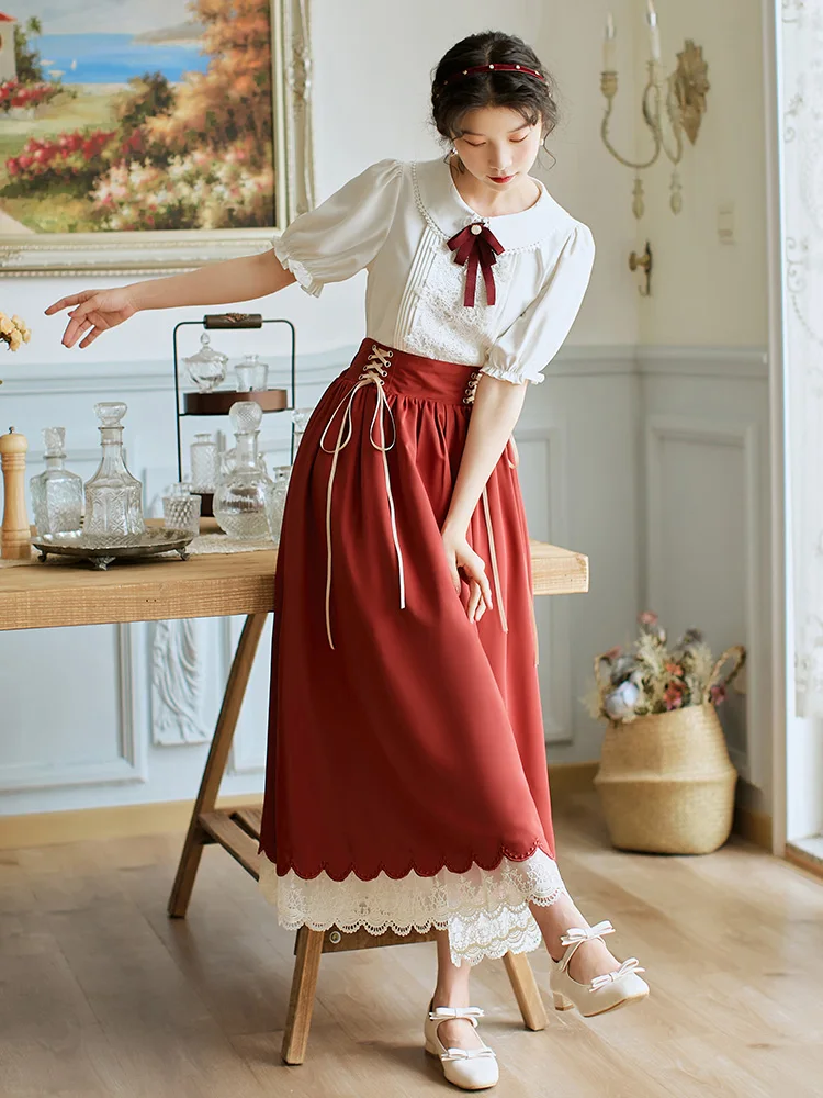 Lolita Style Two Piece Skirt Set Women Summer Peter Pan Collar Short Sleeve Bow Shirt and Lace Patchwork Long Skirts Outfits