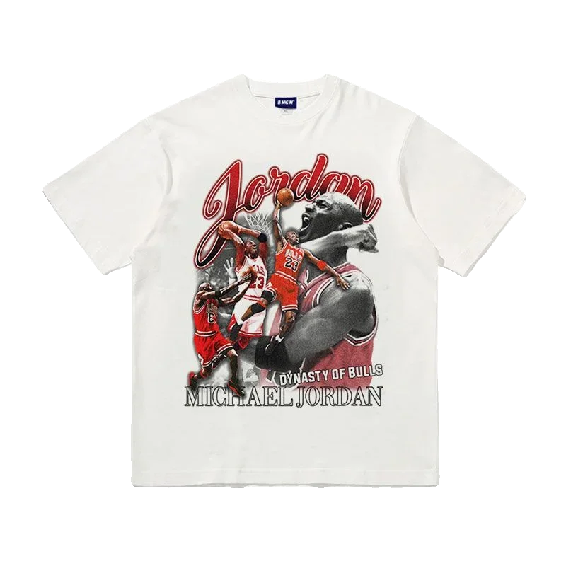 MJ Basketball Star Printed Short Sleeved T-shirt Heavyweight 100% Cotton Round Neck Summer Boys Street High Quality Top