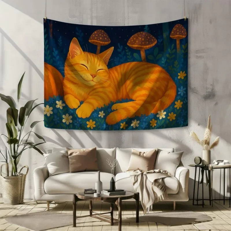 VIKAMA Orange Tabby Cat Tapestry Wall Hanging Cute Kitten Mushroom Forest Folk Art Floral Aesthetic Wall Art Bedroom Dorm Decor