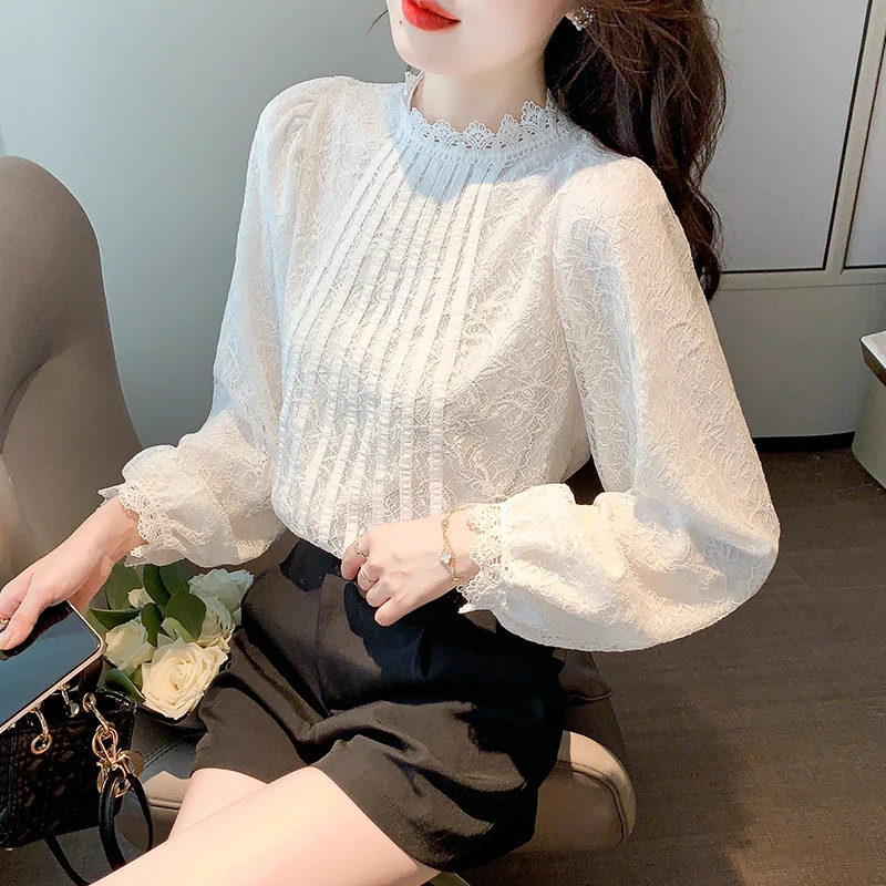 Spring Women’s Long Sleeve White Lace  Blouse Shirt Fashion Stand Up Collar Blouse Women Tops Blusa Mujer Moda 2024 Blusa H474