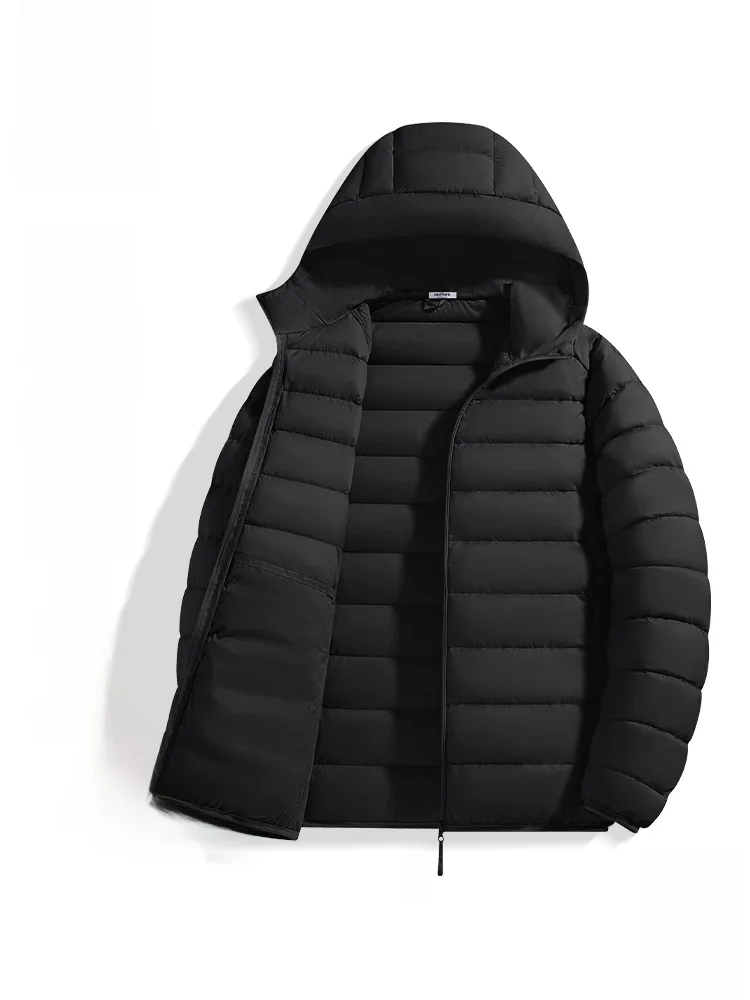 

Short Lightweight Men's down Jacket Winter Coat Black Hooded Cotton Clothes Durable Water Repellent Nylon Fabric