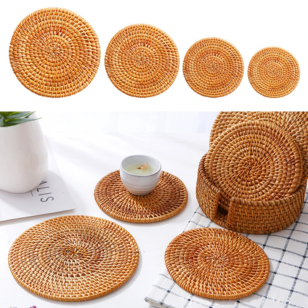 8-16cm Round Natural Rattan Cup Mat Coasters Hand Woven Hot Insulation Placemats Table Padding Kitchen Decoration Accessories