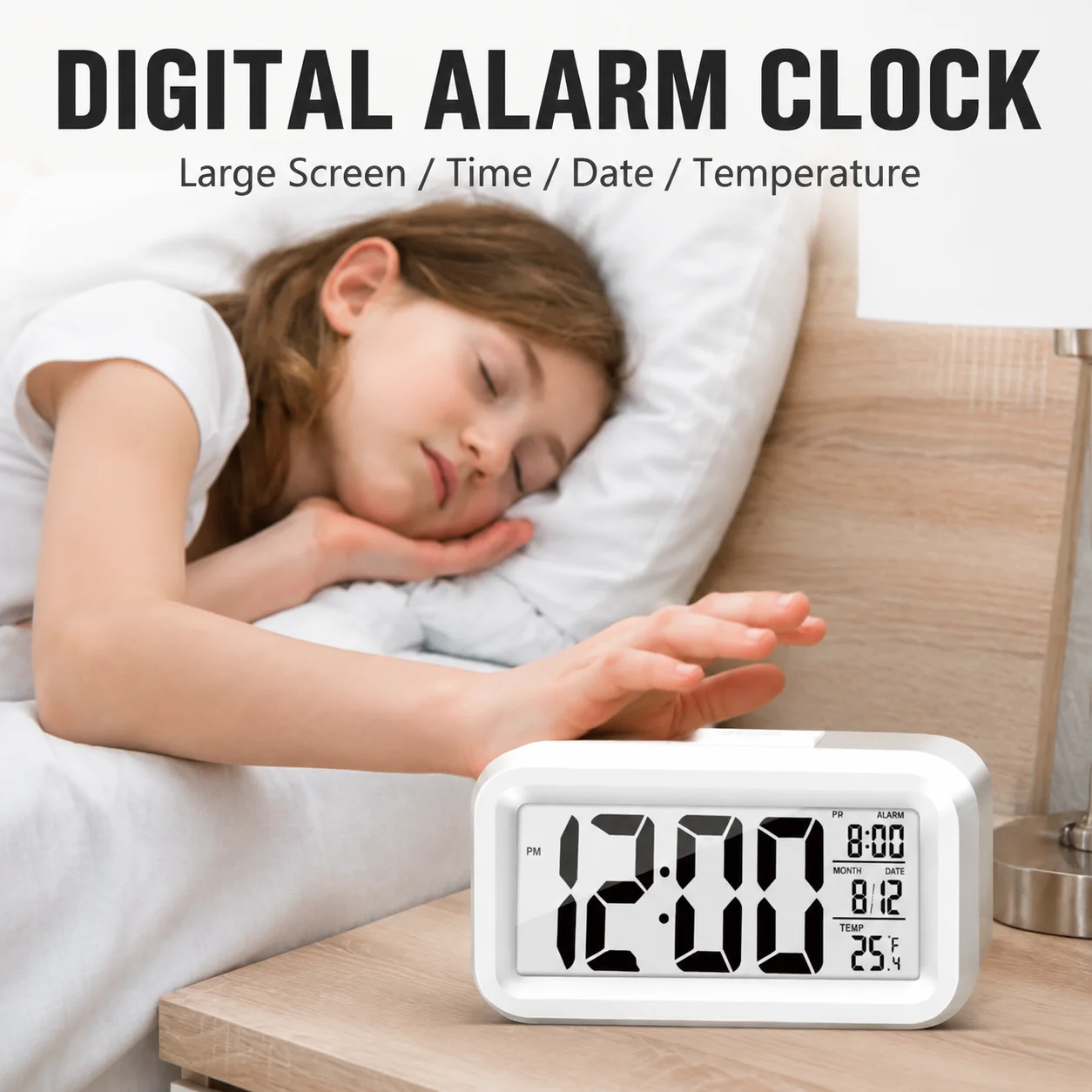 LED Digital Alarm Clock Display Electronic Clock Large Screen Time Temperature Display Snooze Function Desk Clock Bedroom