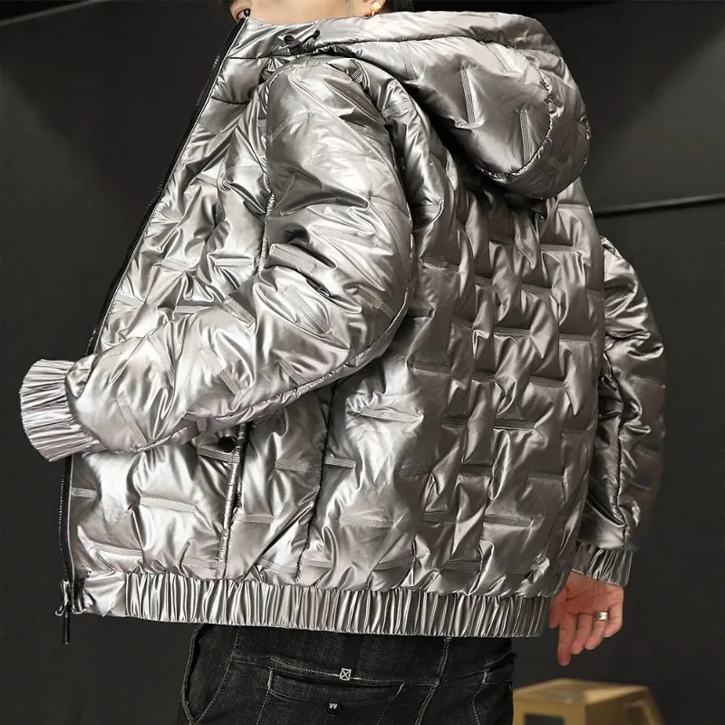 Men Shiny Hooded Puffer Jacket Zip Up Lightweight Quilted Cotton Coat Windproof Warm Short Outerwear Casual Hooded Padded Coat view 3