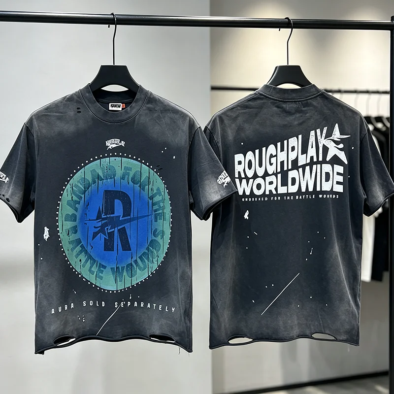 Summer New Rough Play Men Loose Short Sleeve Tee Vintage Washed Destroyed Edge Gradient Circle Slogan Print Street Top