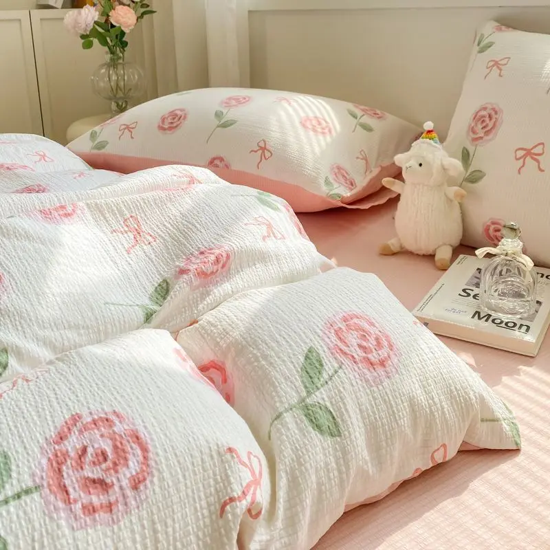 Cute pumpkin Korean Duvet Cover Set Skin Friendly Washed Cotton Bedding and Bed Sheets Girls Comforter Cover Single Queen Size