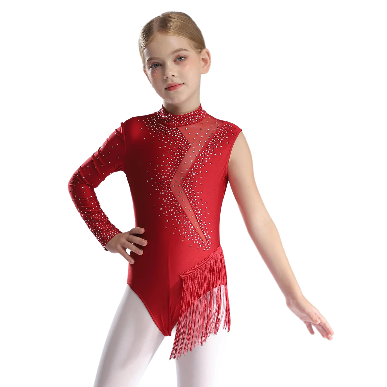 Kinderen meisjes glanzende strass ballet jersey maillots danskleding kwastje bodysuit latin dansvoorstelling ritmische gymnastiek kostuum