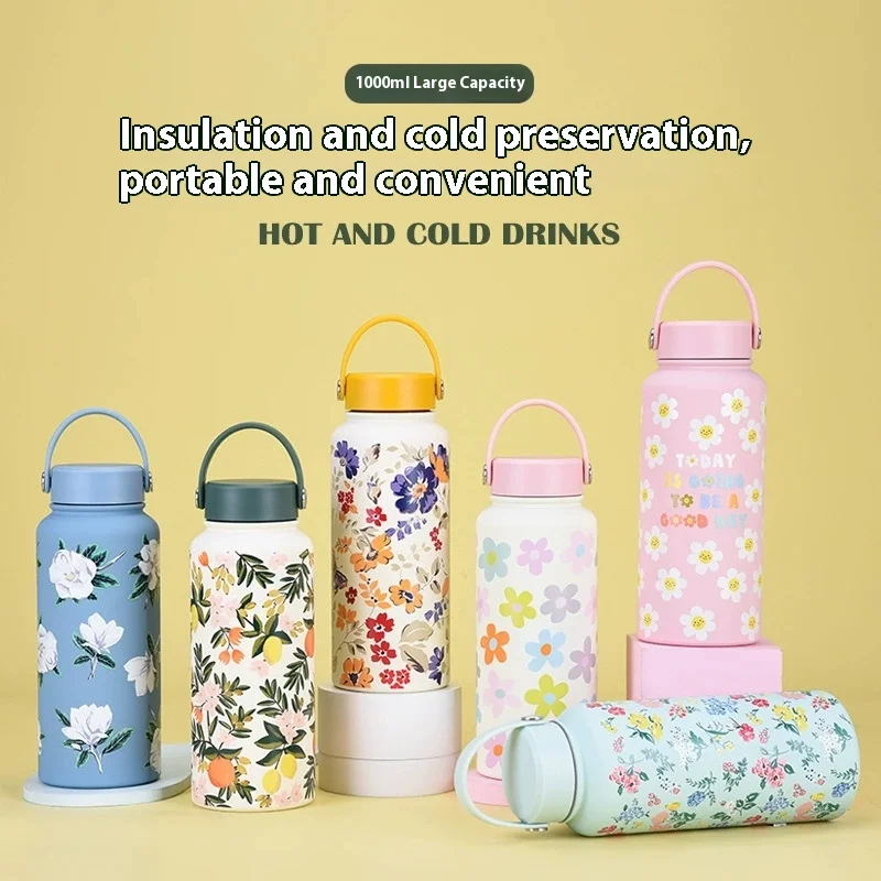 

New 1000ML Insulated Cup Outdoor Printed Water Cup Large Capacity Water Cup Straw Cup Stainless Steel Portable Handle Sports