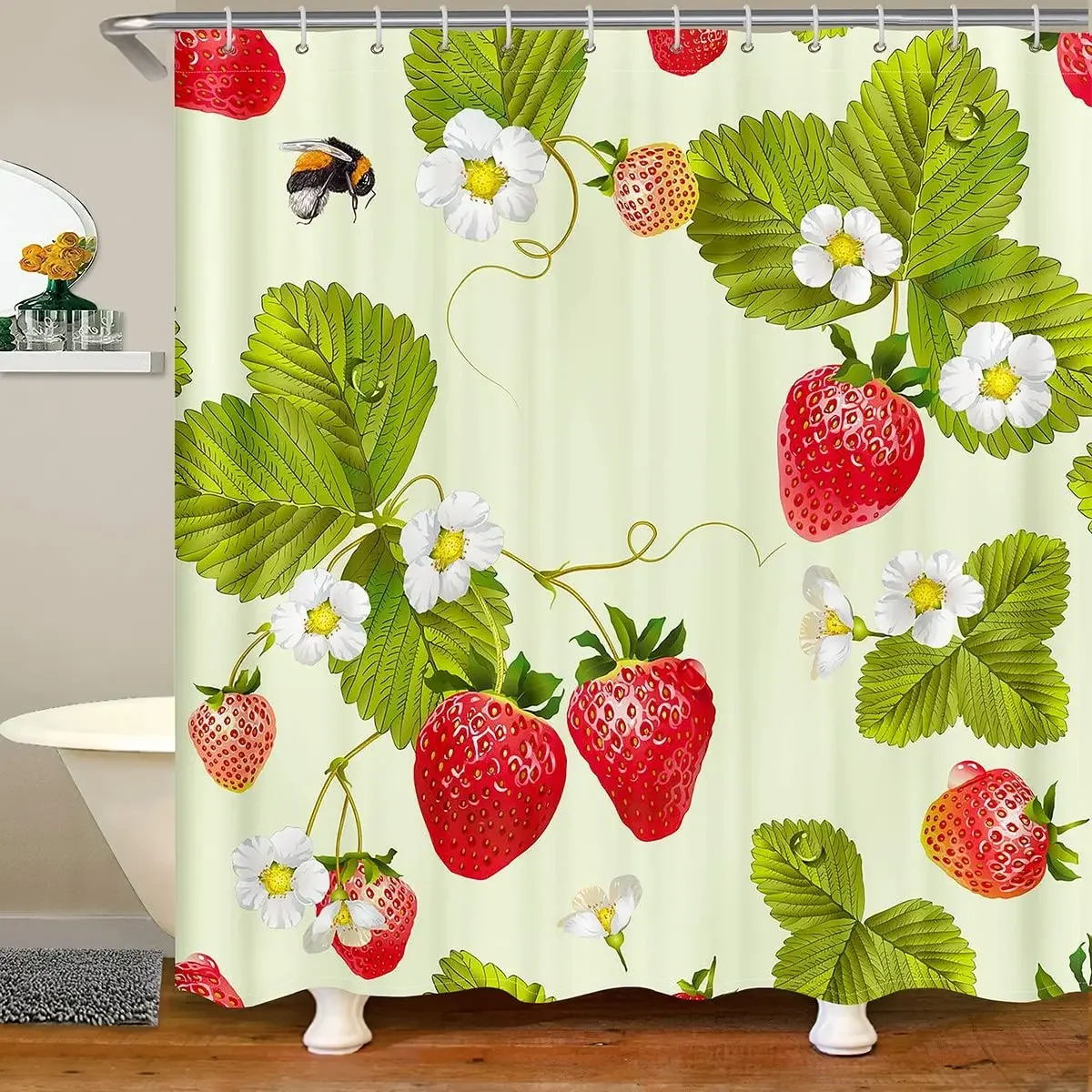 Pink Strawberry Shower Curtain for Bathroom Watercolor Strawberries Spring Summer Fruits Decor Fabric Bath Curtains with Hooks