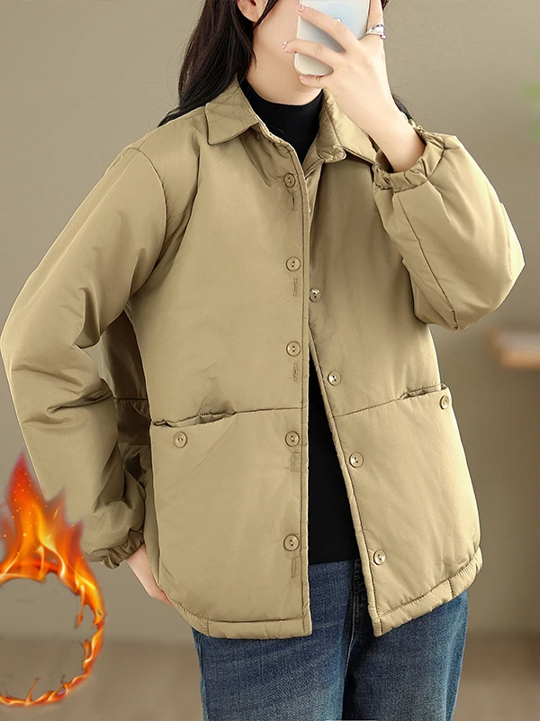 Casual Loose Collar Pure Color Patchwork irt Women's Winter Thiened Korean Sle Anti-Aging Cotton Jaet Outerwear