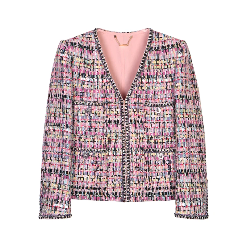 

2025 simple, fashionable and elegant, light luxury socialite style high-end temperament tweed V-neck jacket