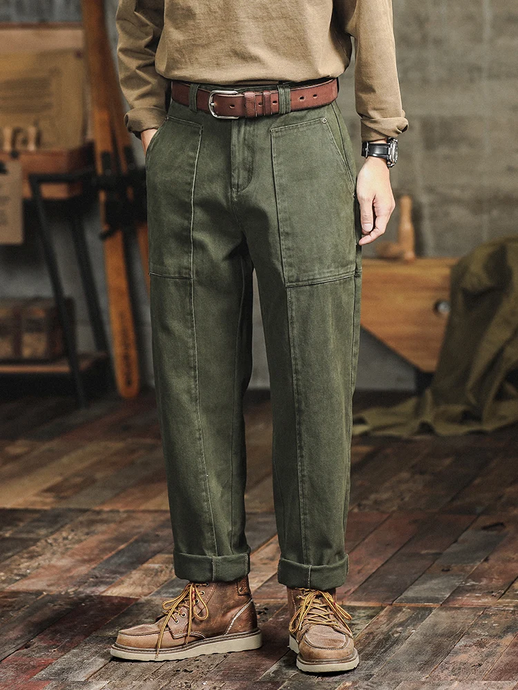 American-Sle Heavy Retro Army Green Casual Pants Men's Spring and Autumn Loose Autumn and Winter Straight Pants Logging Car...