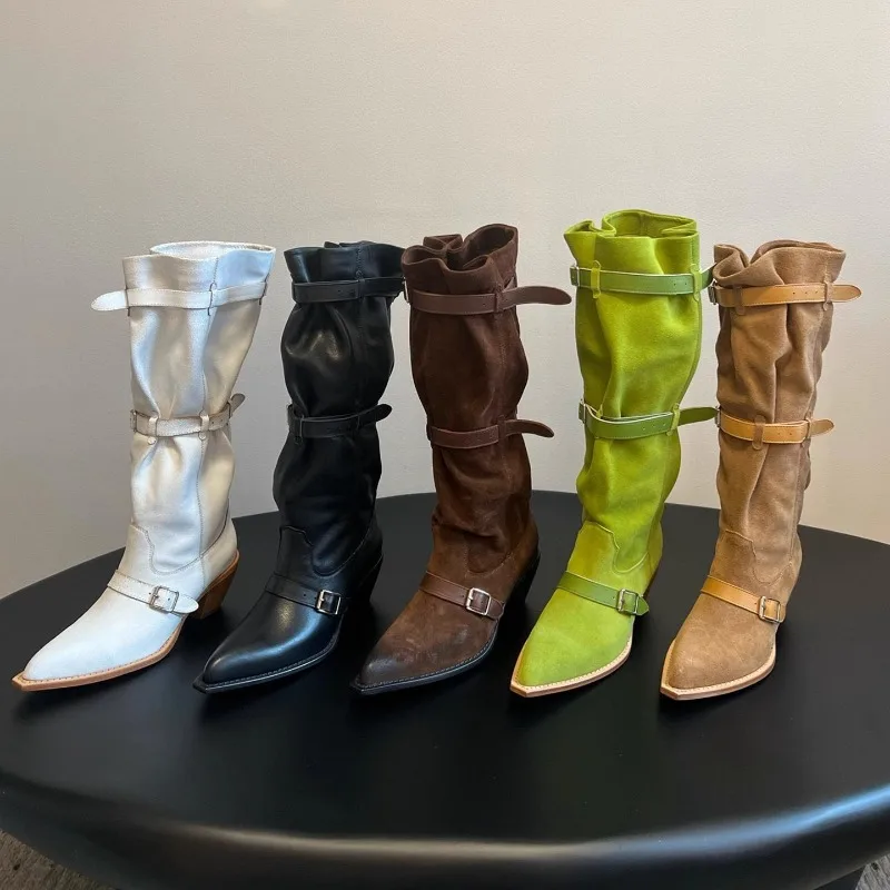

Womens Boots Fashion Retro Western Cowboy Boots Designer Shoes for Women 2026 Spring Pointed Tip Stacking Boots Zapatos De Mujer