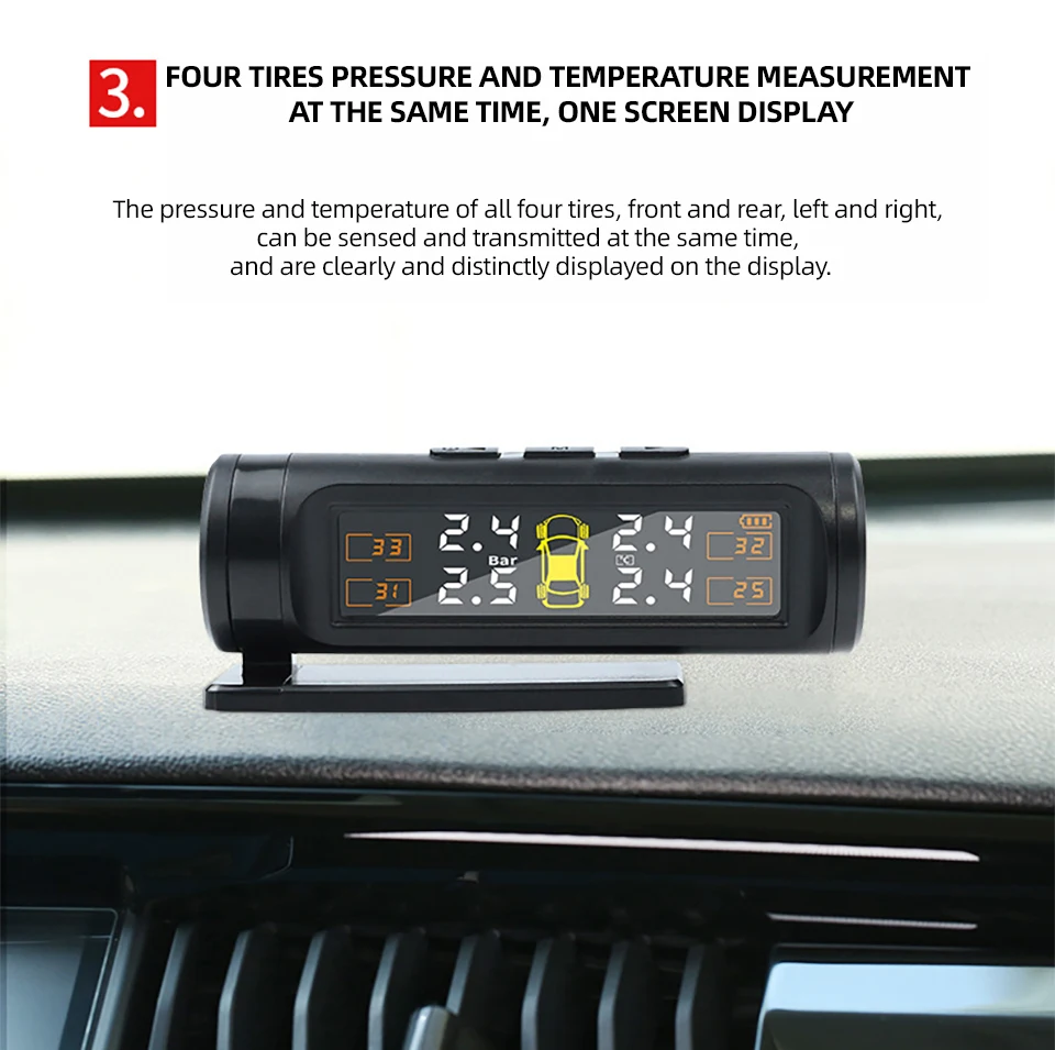 E-ACE 4-Sensor, TPMS, abnehmbarer Akku, kabellos, intelligente Erkennung, Reifendruckkontrollsystem, Sicherheitsalarm, LCD-Display – Detail 9