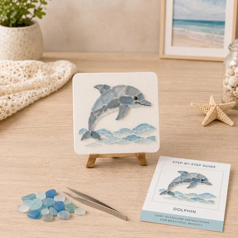 Colorful Glass Pieces Ocean DIY Sea Glass Art Kit Ocean Inspired Sea Creature Glass Mosaic Craft Set Wooden‑Easel Unique