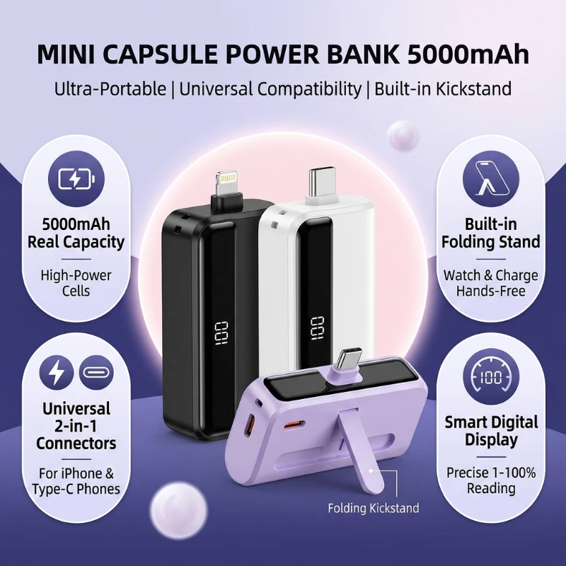 

5000mAh Pocket Mini Built-in Kickstand Digital LED Display External Battery For iPhone Xiaomi Huawei Samsung Smartphone
