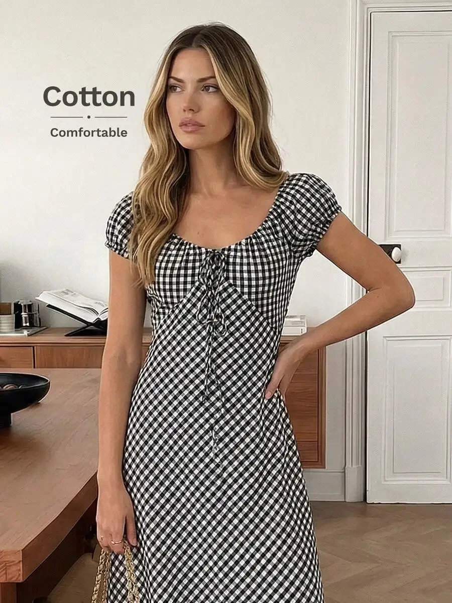 

Gingham Check Puff Sleeve Tie Front A-Line Midi Dress For Women