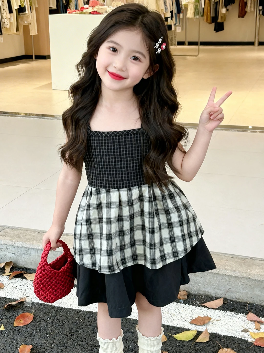 

Girls Summer Plaid Off-Shoulder Top And Skirt Two-Piece Set Korean Style Breathable Casual Sportswear for Children