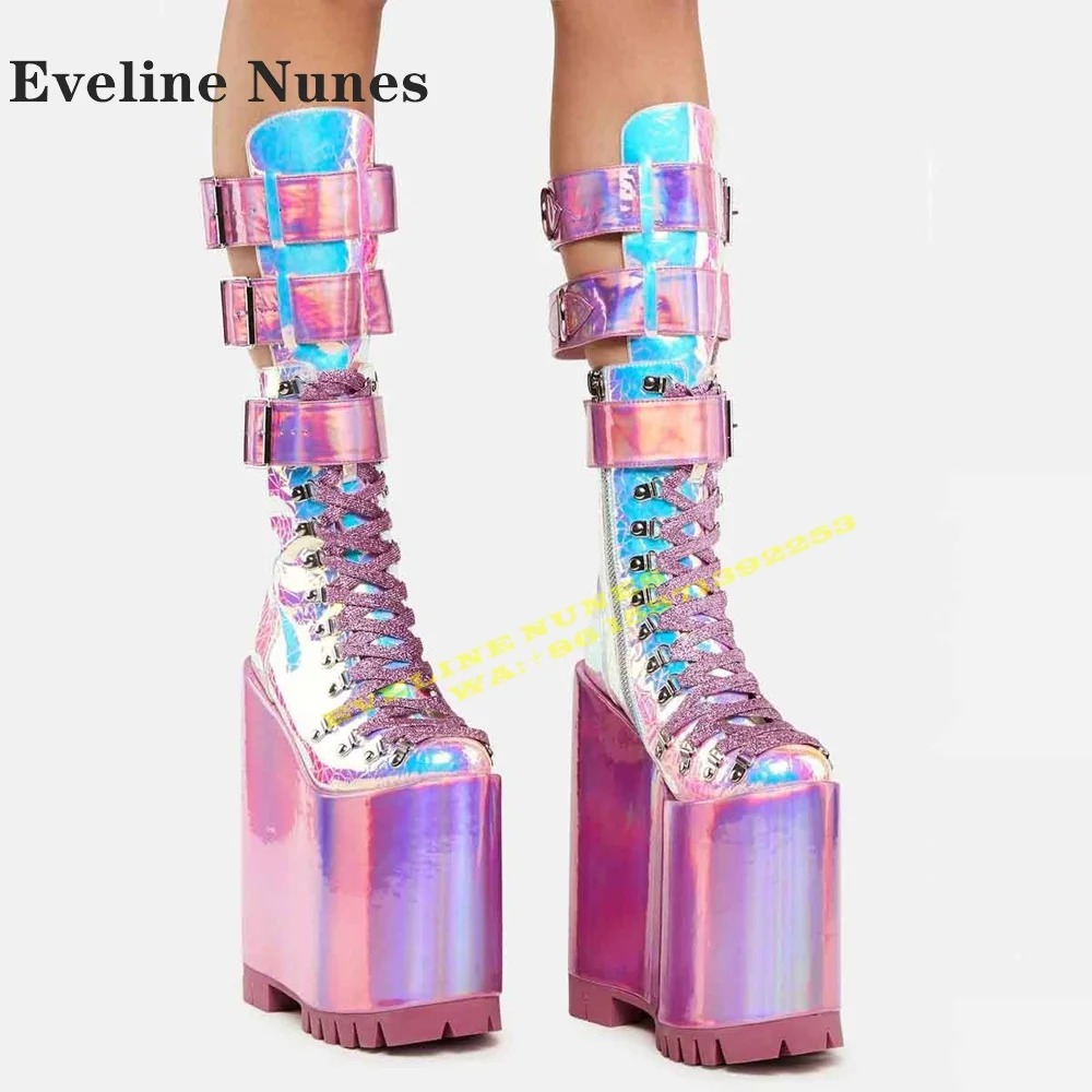 Double Stacked Shield Platform Club Boots Round Toe Height Increasing Cross Tied Belt Buckle Women Knee High Booty 2024 Cosplay