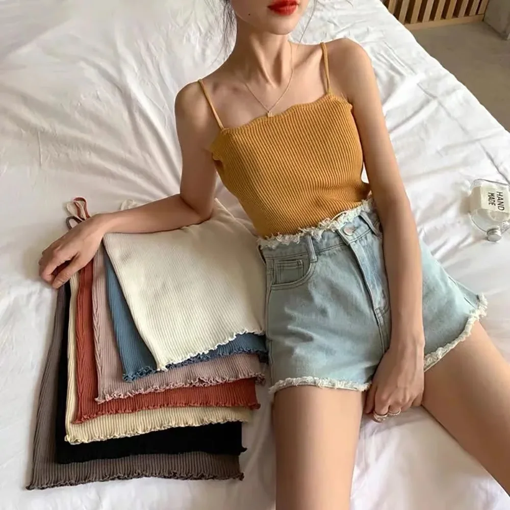 Nice Women Sling Vest Summer Solid Color Knitted Korean Women's Sleeveless Sexy Suspender Bottoming Shirt Students Shirts Woman
