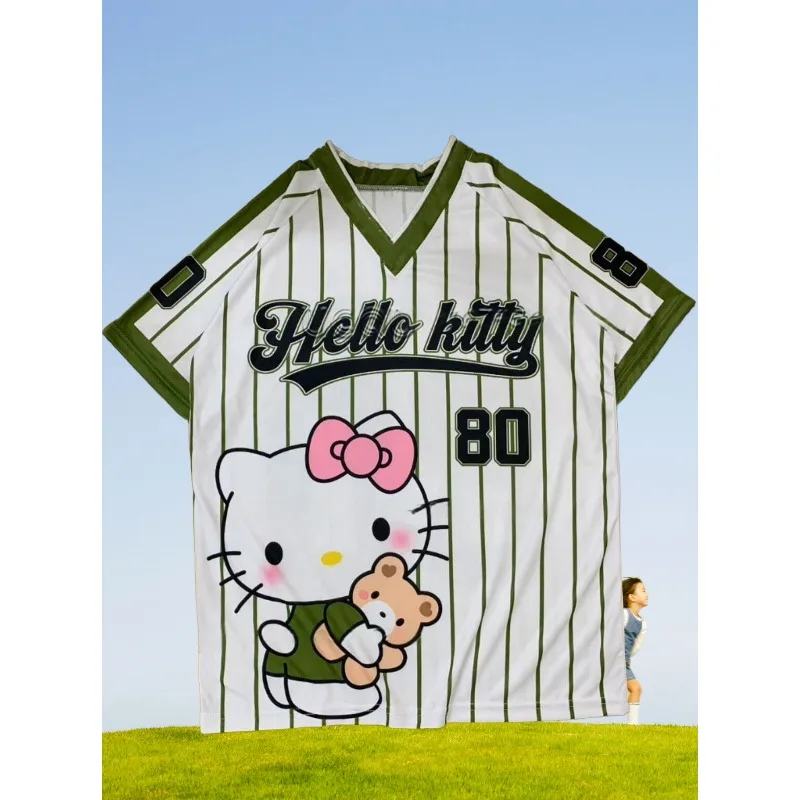 

MOTO-2025 Women Hello Kitty Number 80 Print V-Neck Short Sleeve T-Shirt Summer Tee Baseball Jerseys Stripe Sport T-Shirt