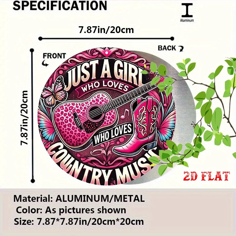 2D Flat 1pc Music Passion Round Aluminum Sign, Pink Vibes Metal Tin Sign, Country Love 7.87X7.87 Round Aluminum Sign