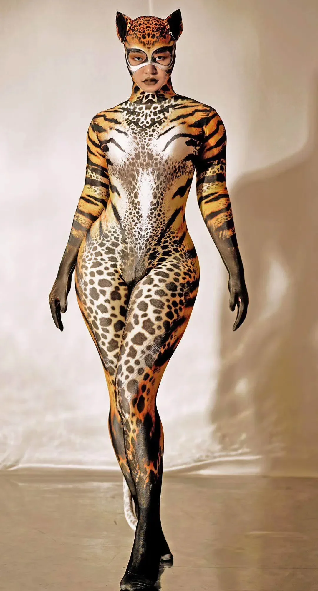 Women Stretch Jumpsuits Halloween Wear Cat Cosplay Pattern Bodysuits Body Long Sleeve Role Playing Costumes Zipper 2026