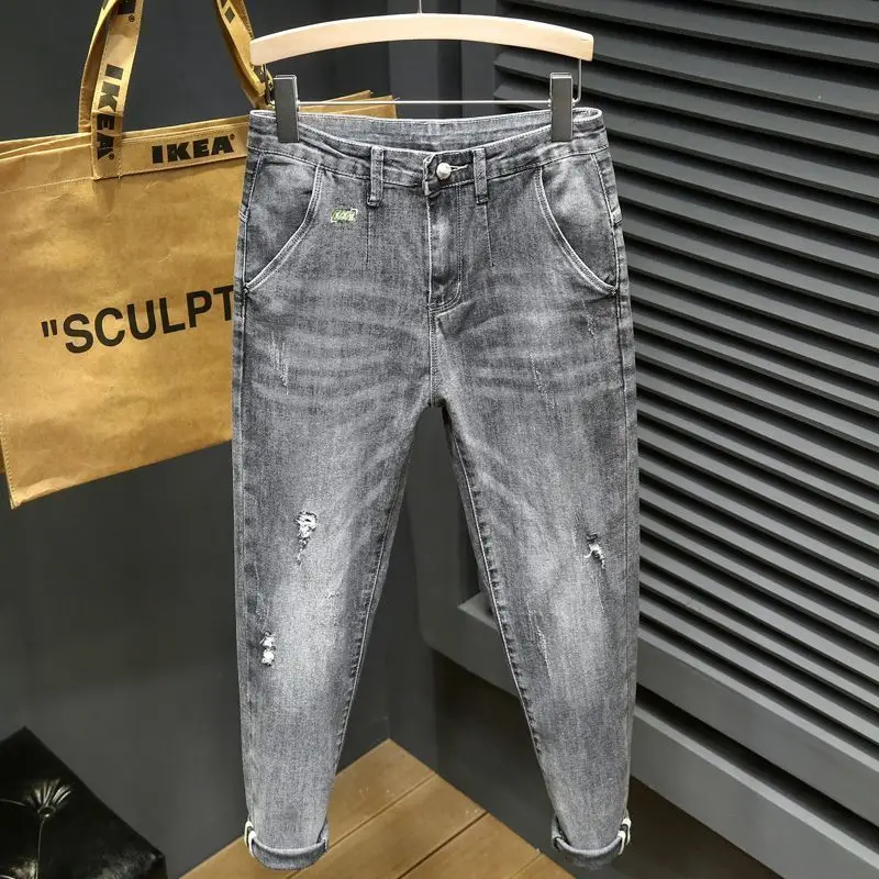 Jeans Casual Slim di lusso da uomo primavera autunno Denim fori elasticità Harem pantaloni 2024 Boyfriend Streetwear pantaloni da Cowboy per uomo