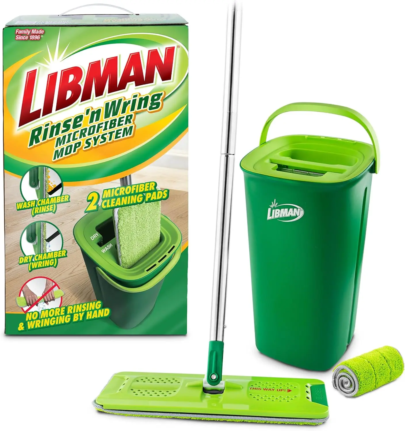 

Rinse and Wring Mop Bucket System with Microfiber Pads for Hardwood Laminate Tile Floor Cleaning, Includes 2 Refill Heads