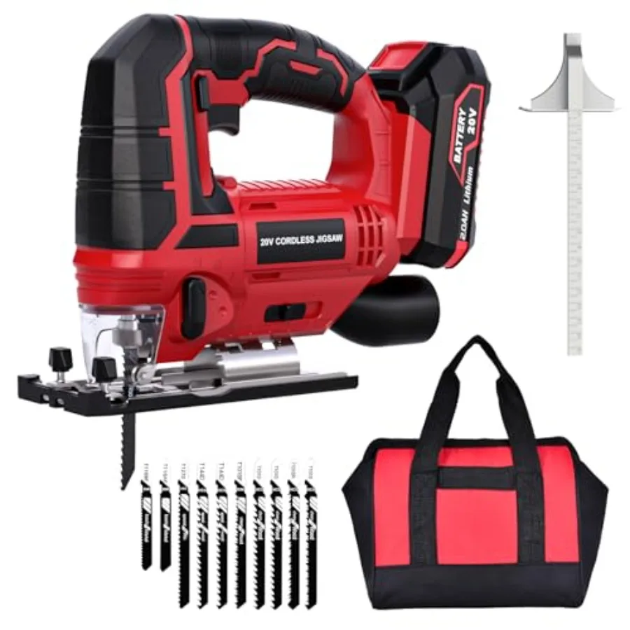 

Jig Saw - 20V Cordless Jigsaw with Battery and Charger 2700 SPM Rechargeable Jigsaw with 10pcs Cutting Blades Bevel Angle ±45°