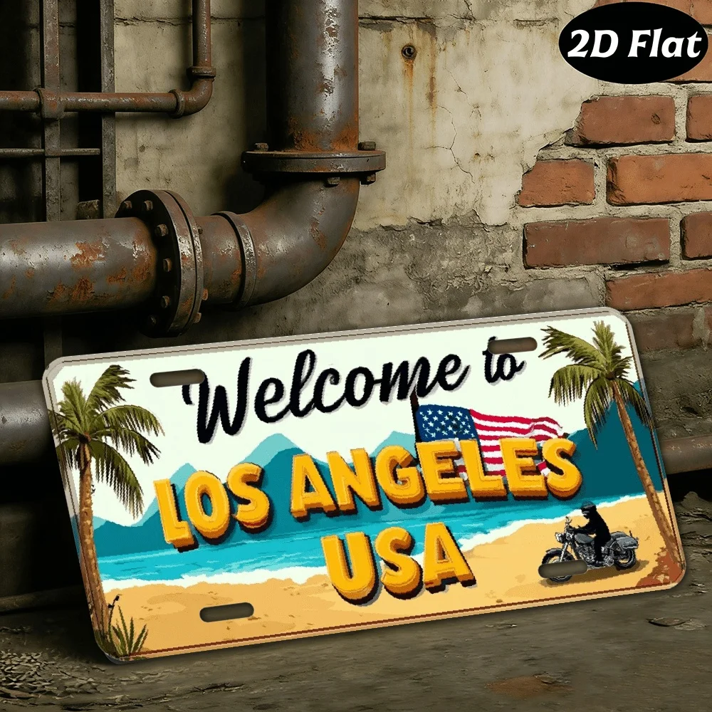 2D Flat, 1pc Vintage Los Angeles License Plate - Retro Metal Wall Decor with Palm Trees American Flag - Heavy-Duty Sign for Home