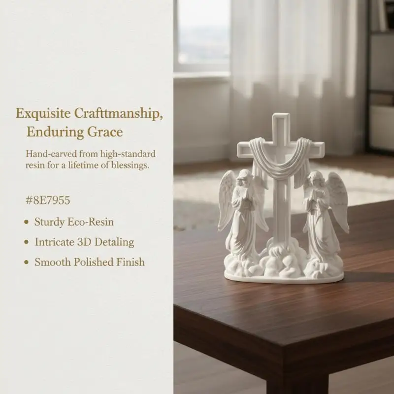 3D Printing Durable White Cross Figurine with Two Praying Angels for Home Office Desktop Decoration