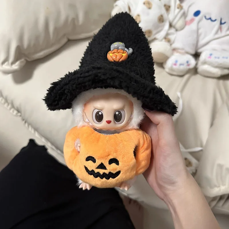 

In Stock Labubu 17cm Halloween Pumpkin Plush Doll Costume With Black Hat Cute Spooky Festival Cosplay Outfit For Collectors