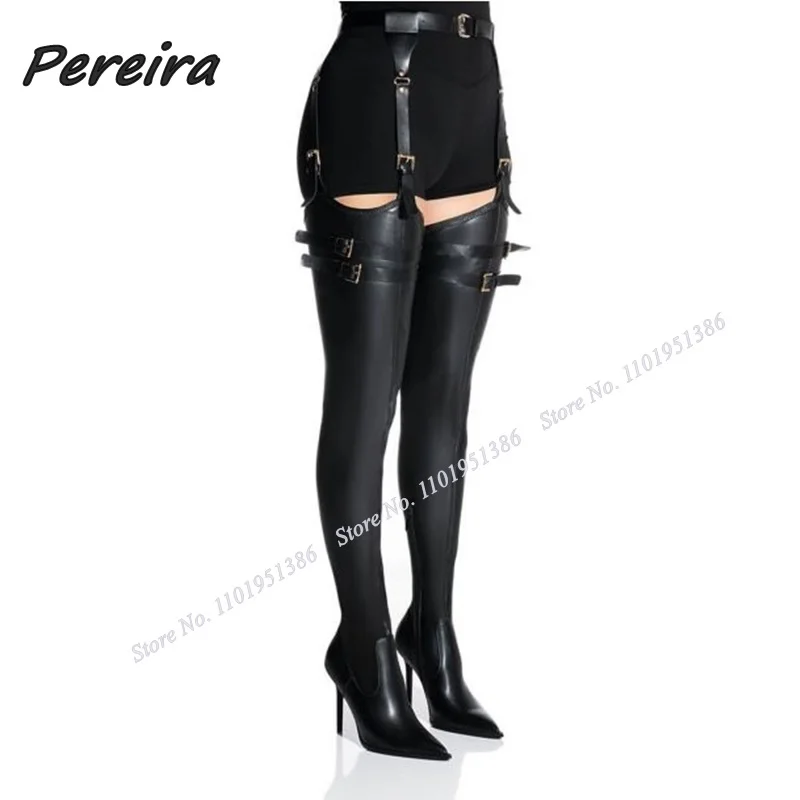 Pereira New Black Buckle Decor Pants Boots Belt Decor Boots Pointed Toe Shoes for Women Stiletto High Heels New Zapatillas Mujer