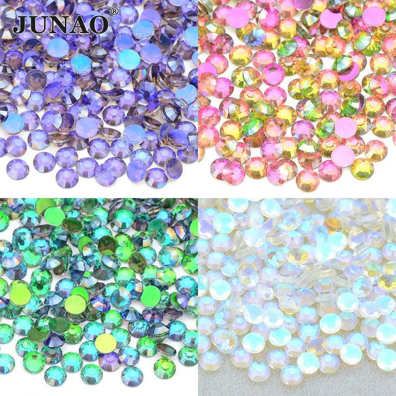 JUNAO SS6 SS8 SS16 SS20 Aurora Red AB Glass Crystal Rhinestones Flat Back Nail Stone Non Hot Fix Strass Appliques for Clothes