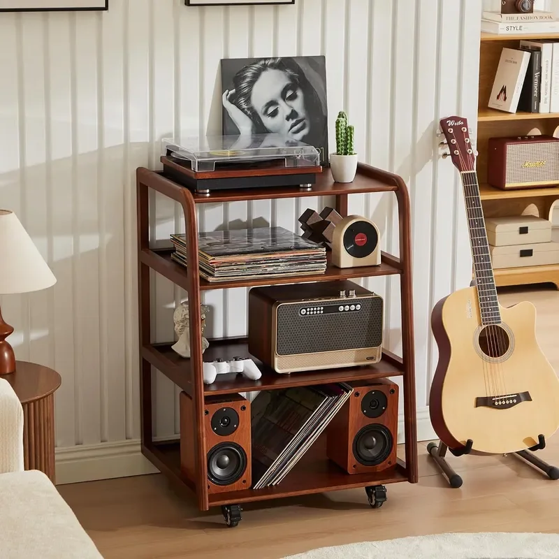 Solid Wood AV Media Stand 4 Tier Audio Rack with Lockable Casters