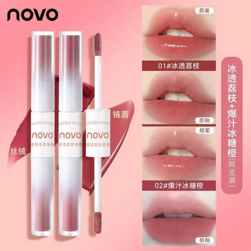 NOVO Double-ended Lip Glaze Long-Lasting Non-Stick CUP Film-forming Mirror ลิปสติก Matte Beauty Lip GLOSS แต่งหน้า Maquiagem