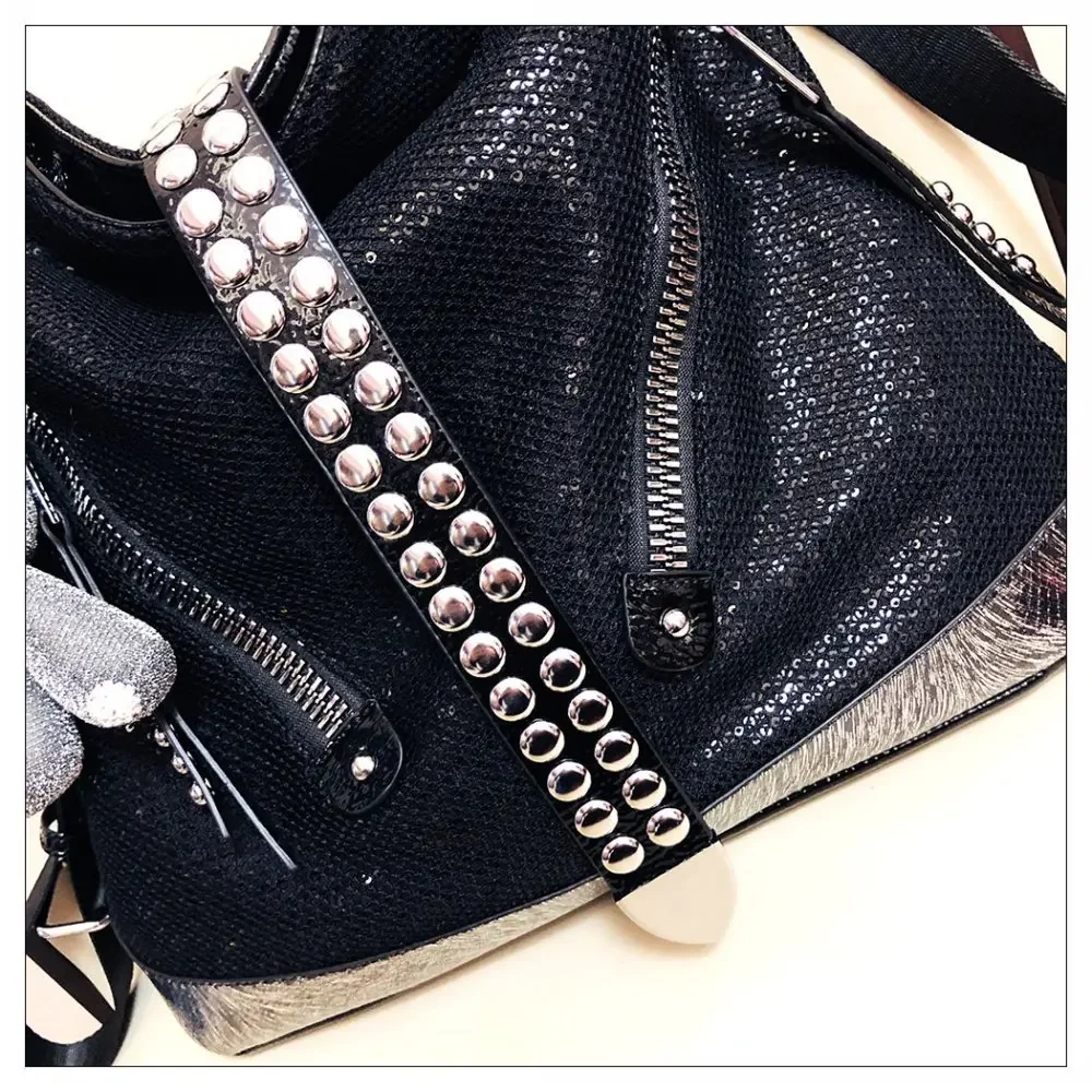 Big Capacity Lady Fashion Leather Hobo Handbag for Work Women Iridescent Paillette Shiny Rivets Roomy Laptop Daily Shoulder Bag