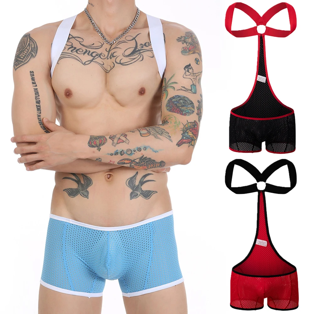 

Sexy Mesh Lingerie Bodysuit for Men Backless One Piece Jockstrap Wrestling Singlet Bondage Jumpsuit Boxer Shorts Bodysuit Tights
