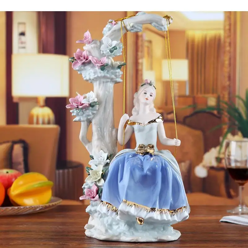 

Girly Ceramic Character Statue Desk Decor Pretty Girl Swing Exquisite Figurines Painted Porcelain Crafts Modern Home Decoration