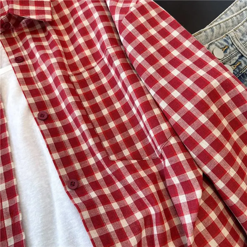 Harajuku Damen Rote Karierte Hemden Frühling Sommer Streetwear Hemden Langarm Kragen Knopfverschluss Retro Sonnenschutzkleidung – Detail 7
