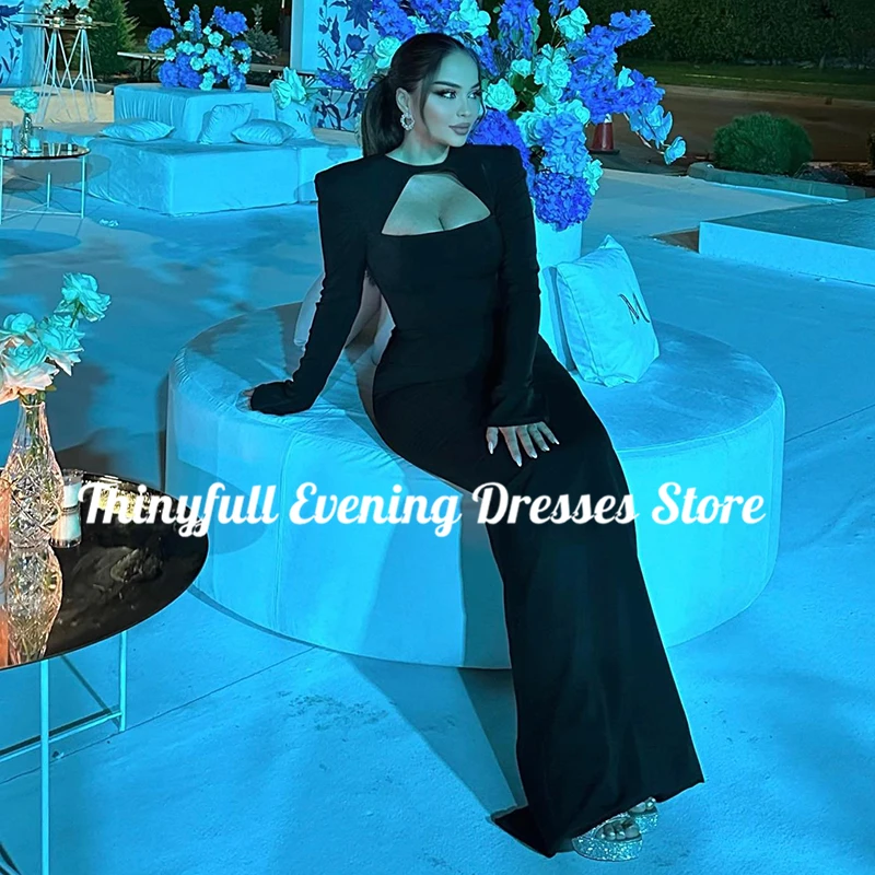 Thinyfull 2024 Sexy Mermaid Prom Evening Dresses Black Long Sleeve Satin Night Dress Saudi Arabia Cocktail Party Gowns Plus Size