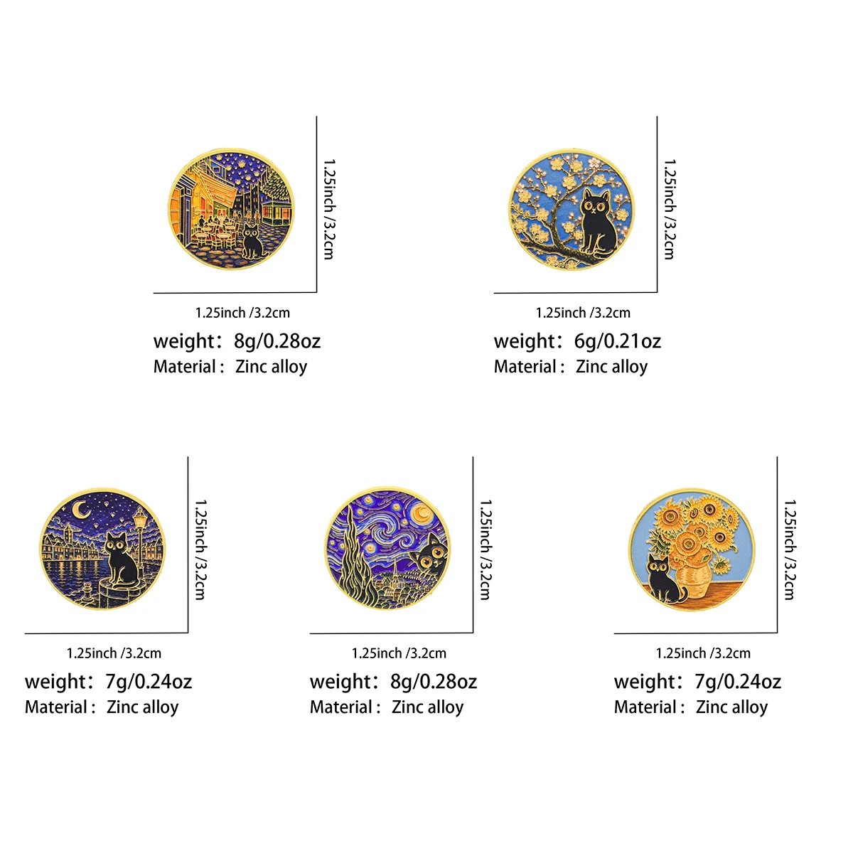 5pcs/set Famous Painting Enamel Lapel Pins Van Gogh Brooch Collection Metal Badges for Clothing Bag Decor Collectible Present
