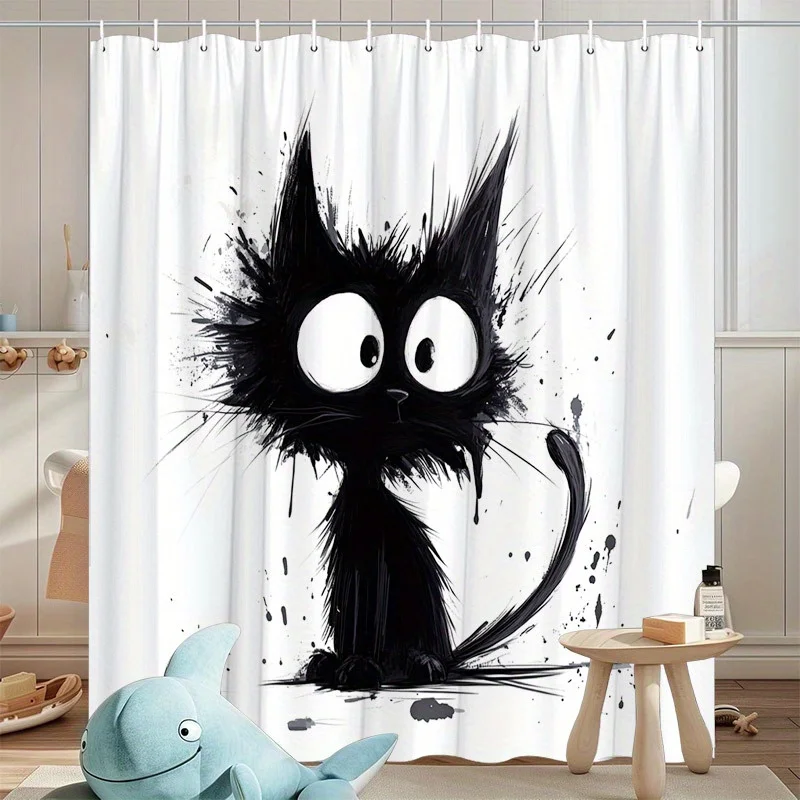 Striking Black Cat Pop Art Shower Curtain with Dramatic Splatter Design for Bathroom Decor
