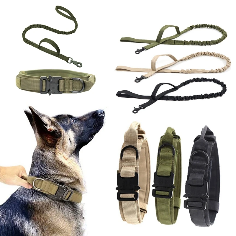 Dog Collar and Leash Set Tactical Style Military Adjustable German Shepard K9 for Large Dogs Walking Training Pet Accessories