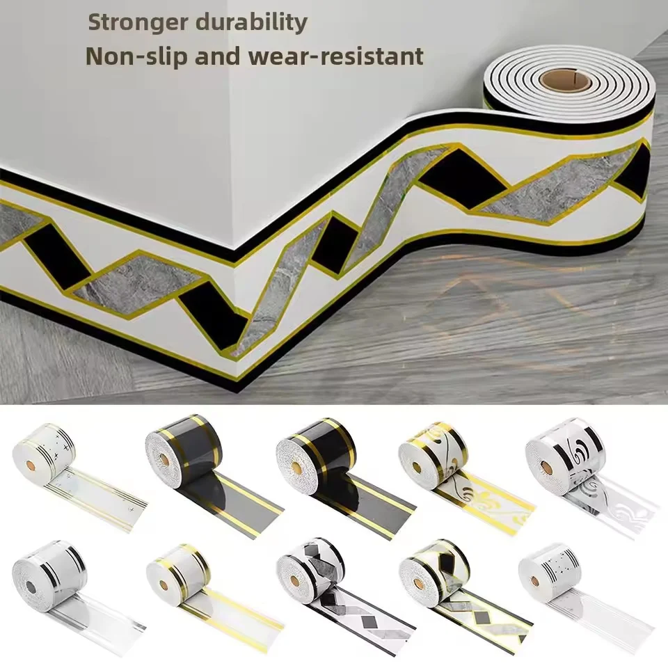 1pc 10cmx5m Thickening Foam Self-Adhesive Skirting Board Marble Pattern PVC Material Waterproof Baseboard Removable Feature