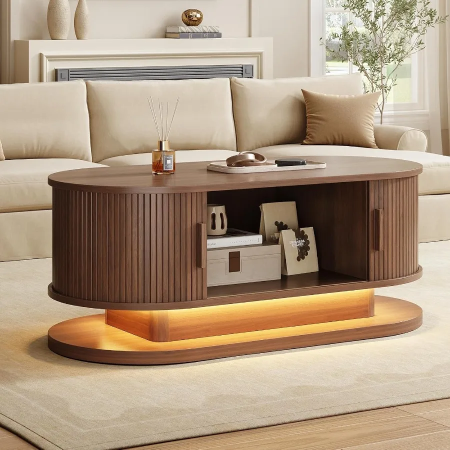 43.3 Oval Floating Coffee Table with LED Light for living room, tempered glass, black, ultra-thin design with adjustable bright